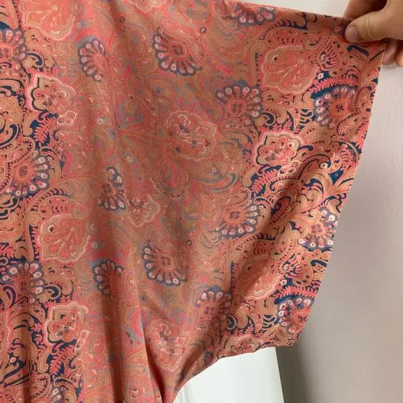 NWOT BOEMO Dress L Paisley Floral Pink Tiered Bow-Tie Crochet Maxi Midi Short-Sl